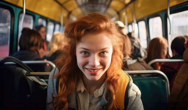 Photo un jeune étudiant aux cheveux roux souriant et regardant droit dans un bus