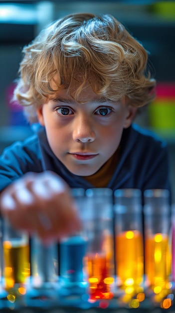 Un jeune étudiant caucasien dans un laboratoire de sciences à l'école regarde un tube à essai