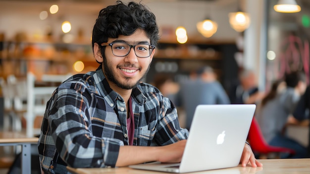 Un jeune étudiant confiant utilisant un ordinateur portable dans un café.