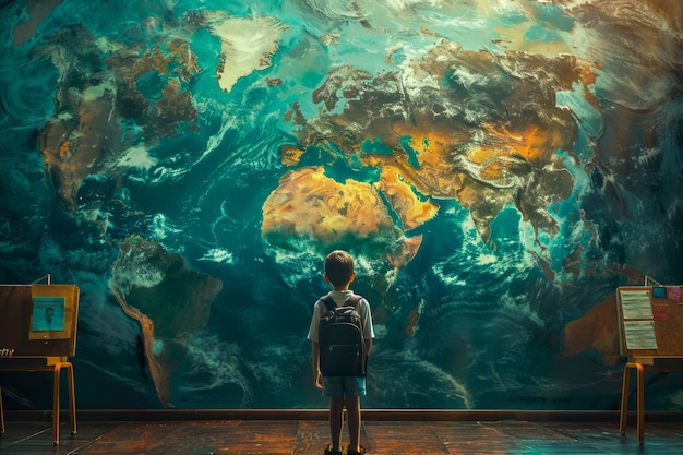 Un jeune étudiant contemplant une grande carte du monde illustrée dans une salle de classe ensoleillée