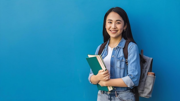 Un jeune étudiant en denim et en sac à dos tient des livres isolés sur un mur bleu.