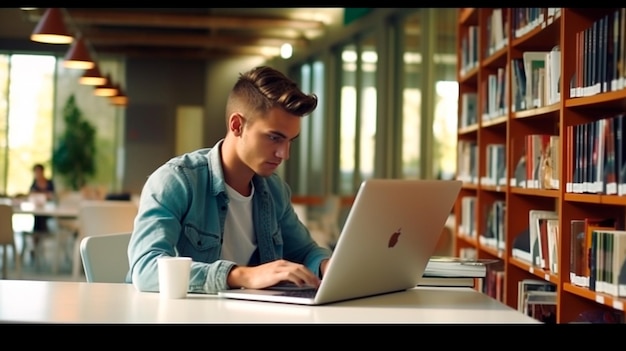 Jeune étudiant étudiant en bibliothèque Illustrateur d'IA générative