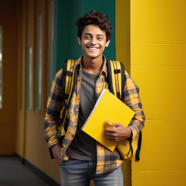 Jeune étudiant indien tenant un sac à dos et des livres et donnant une expression heureuse