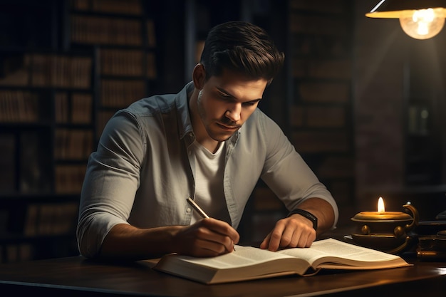 Jeune étudiant lisant un livre sur la table dans le concept d'apprentissage de la bibliothèque