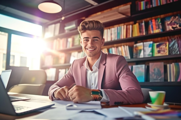 Un jeune étudiant avec un ordinateur portable dans la bibliothèque