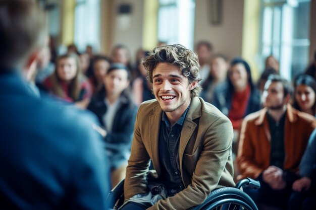 Un jeune étudiant répond aux questions de l'enseignant assis dans un fauteuil roulant devant un lar