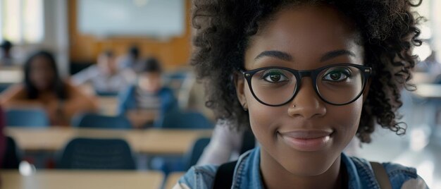 Un jeune étudiant souriant avec des lunettes est concentré dans une salle de classe