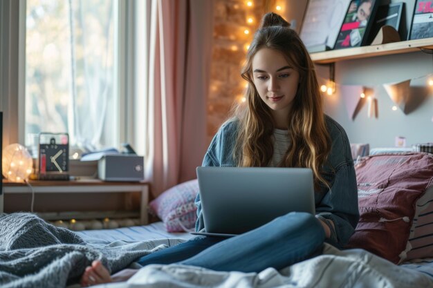Une jeune étudiante adulte utilise un ordinateur portable dans sa chambre.