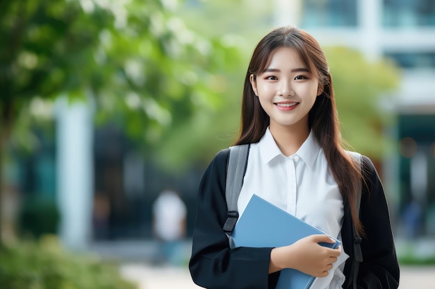 Une jeune étudiante asiatique avec un sac à l'école.