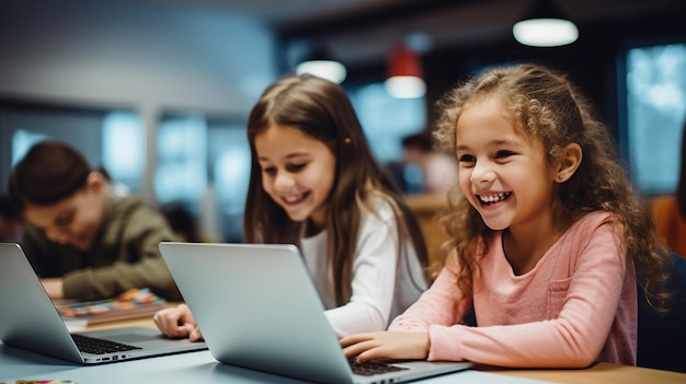 Une jeune étudiante assise à la table à l'aide d'écouteurs lors de l'étude