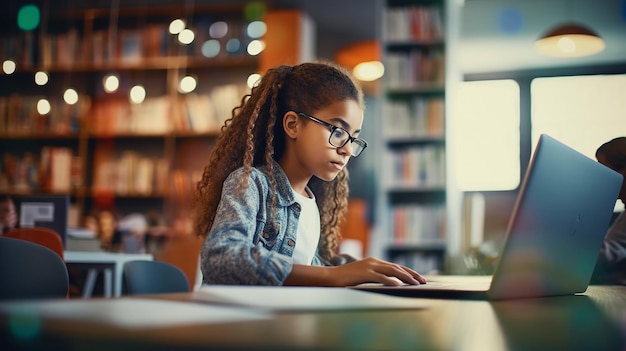 Photo une jeune étudiante assise à la table à l'aide d'écouteurs lors de l'étude