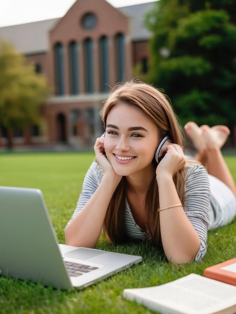 Une jeune étudiante attrayante qui étudie à l'extérieur du campus.