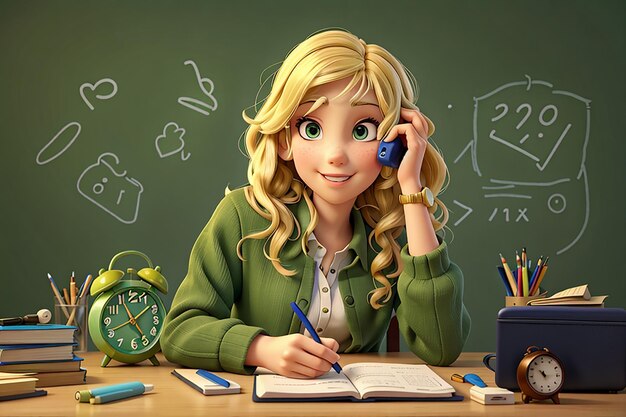 Jeune étudiante blonde excitée assise au bureau avec des outils scolaires regardant la caméra en gardant la main sur le visage tenant un réveil isolé sur un mur vert olive