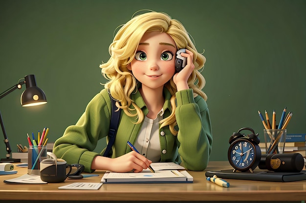 Jeune étudiante blonde excitée assise au bureau avec des outils scolaires regardant la caméra en gardant la main sur le visage tenant un réveil isolé sur un mur vert olive