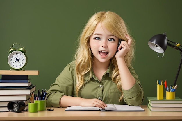 Jeune étudiante blonde excitée assise au bureau avec des outils scolaires regardant la caméra en gardant la main sur le visage tenant un réveil isolé sur un mur vert olive