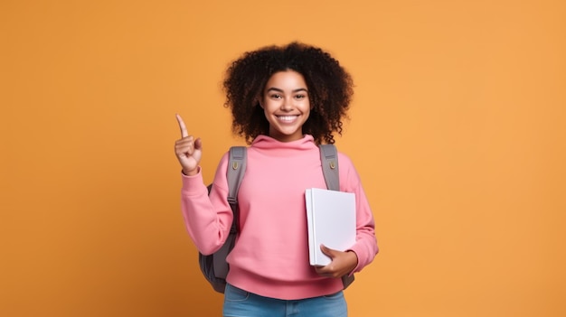 Une jeune étudiante bouclée portant des lunettes de sac à dos tenant un livre sur un fond isolé