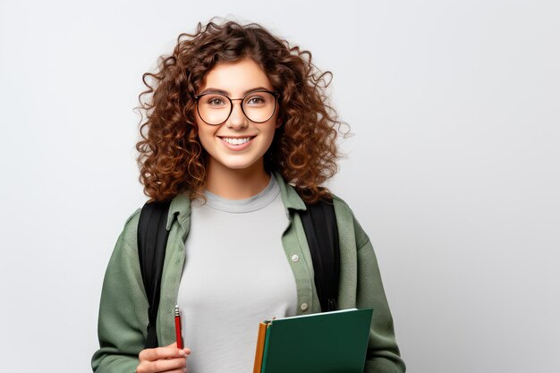 Une jeune étudiante bouclée portant des lunettes et un sac à dos.