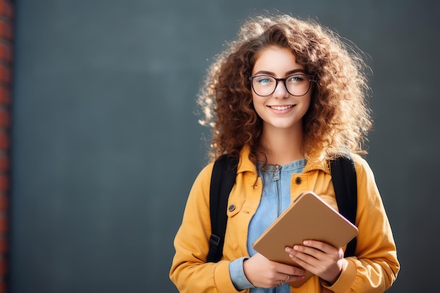 Une jeune étudiante bouclée portant des lunettes et un sac à dos.