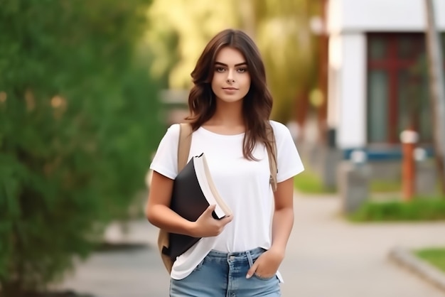 Jeune étudiante devant le campus universitaire