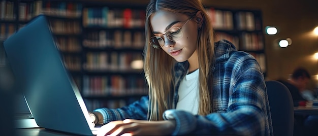 Une jeune étudiante étudie à la bibliothèque de l'école