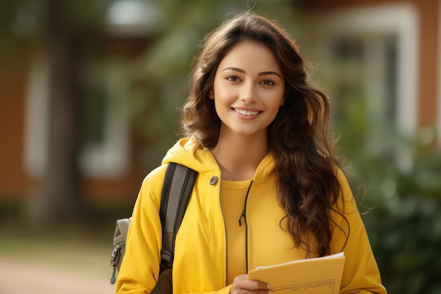 Jeune étudiante indienne tenant un sac à dos et des livres et donnant une expression heureuse