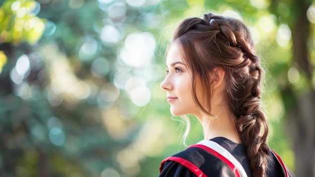 Une jeune étudiante joyeuse ayant un style de vie de graduation espace libre pour le texte arrière-plan bokeh de jour d'été