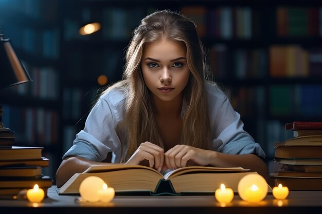 Jeune étudiante lisant un livre sur la table dans le concept d'apprentissage de la bibliothèque