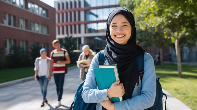 Une jeune étudiante musulmane souriante tenant des livres près de l'université.