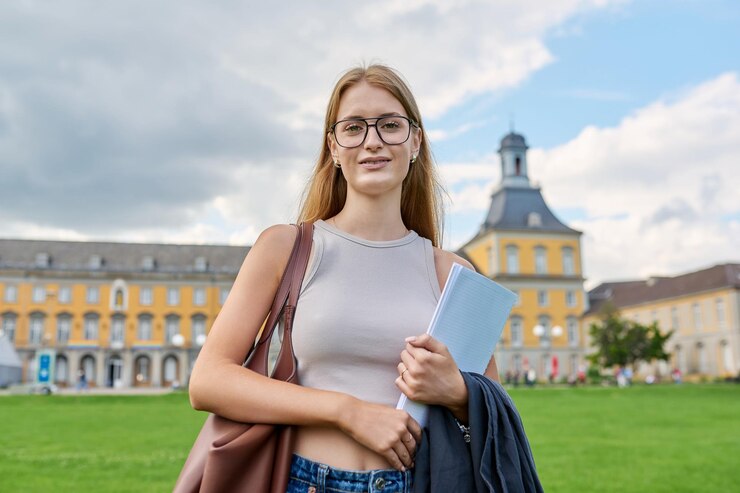 Une jeune étudiante pose à l'extérieur en arrière-plan d'un bâtiment éducatif