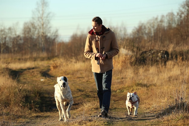 Jeune européen heureux marchant sur une route de campagne avec deux chiens bulldog anglais