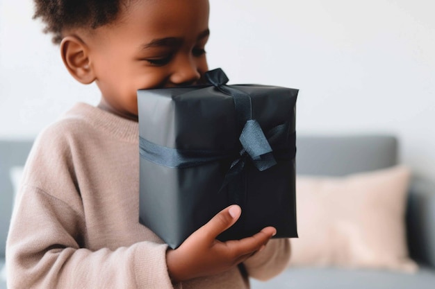 Un jeune excité avec un grand sourire tenant une boîte cadeau pour la fête des enfants recevant et donnant des cadeaux