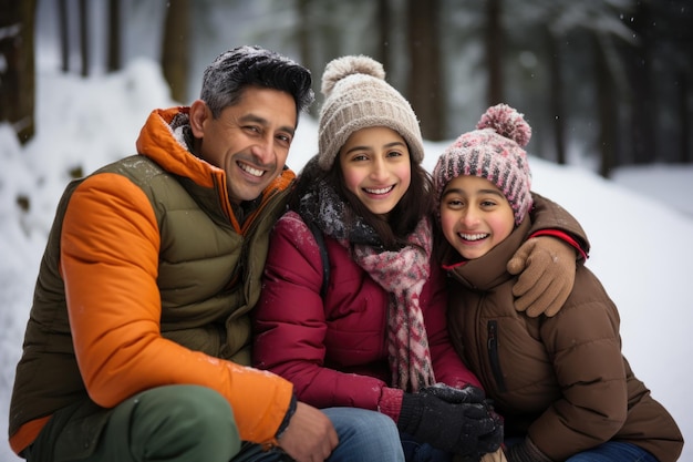 Jeune famille asiatique indienne ou personnes jouant dans la neige