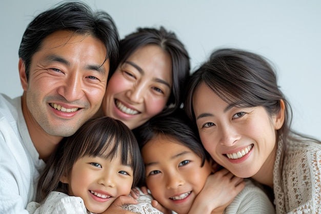 Une jeune famille asiatique s'amusant ensemble en posant devant la caméra.