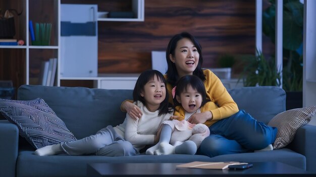 Photo une jeune famille asiatique et sa fille regardent la télévision à la maison la nuit.