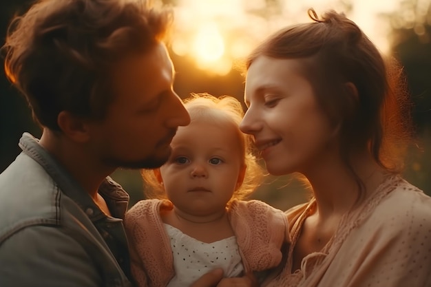 Jeune famille avec un bébé dans le parc au coucher du soleil Generative AI