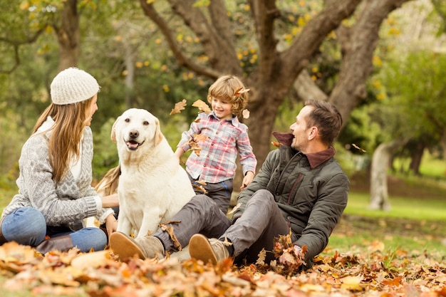 Jeune famille avec un chien dans les feuilles