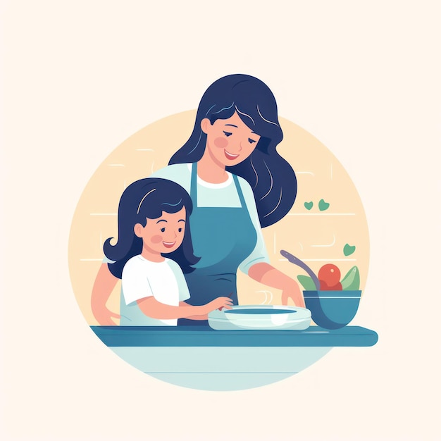 Jeune famille cuisinant le petit déjeuner dans leur cuisine à la maison petit enfant aidant la mère à cuisiner de la nourriture et d