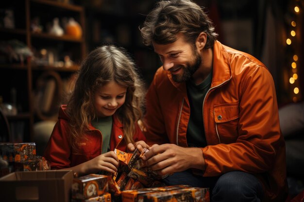 Une jeune famille déballe des cadeaux pour Noël