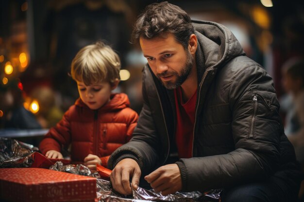 Photo une jeune famille déballe des cadeaux pour noël