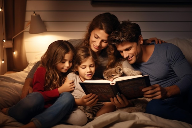 Jeune famille avec deux petits enfants à l'intérieur dans la chambre en lisant un livre