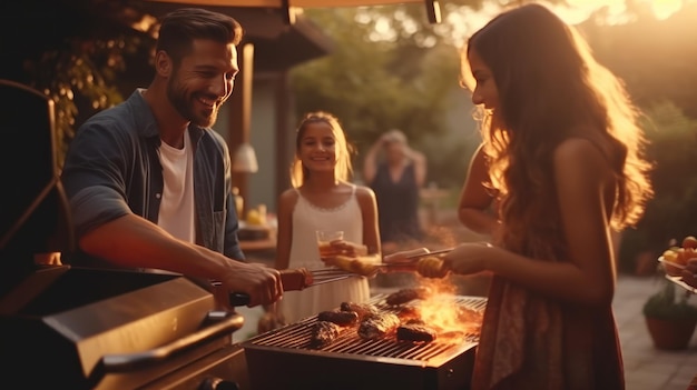 La jeune famille grille au barbecue