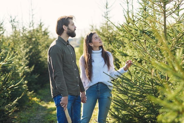 Jeune famille heureuse en choisissant l'arbre de Noël à la plantation, préparer les vacances d'hiver.