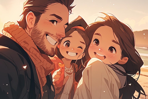 Photo jeune famille heureuse à l'extérieur à la plage prendre un selfie par caméra embrassant leur fille manga illustration générative ai
