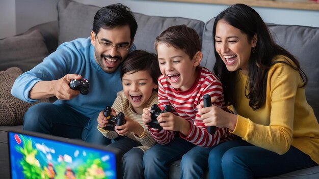 Une jeune famille indienne de quatre personnes joue à un jeu vidéo à l'aide d'un contrôleur ou d'un joystick assise sur un canapé.