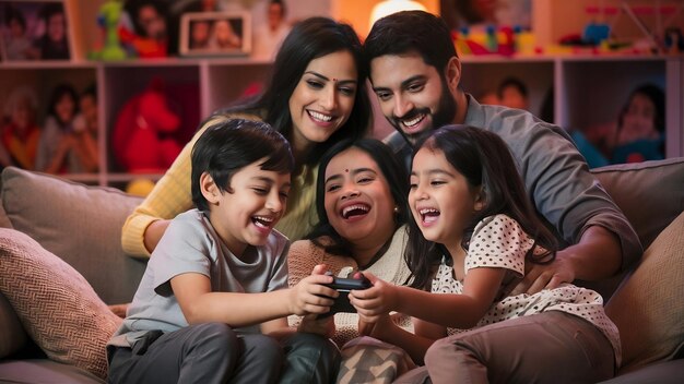 Une jeune famille indienne de quatre personnes joue à un jeu vidéo à l'aide d'un contrôleur ou d'un joystick assise sur un canapé.