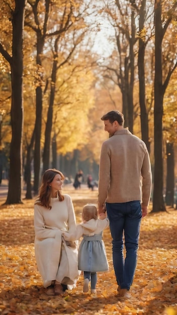 Une jeune famille avec leur petite fille dans le parc d'automne