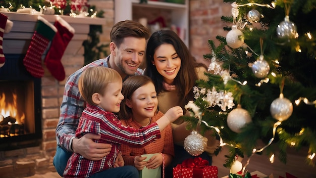 Une jeune famille avec un petit fils sous l'arbre de Noël