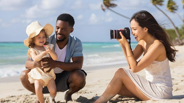 Une jeune famille avec une petite fille en vacances au bord de l'océan