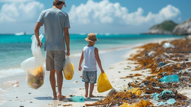 Une jeune famille ramassant des ordures sur la plage.