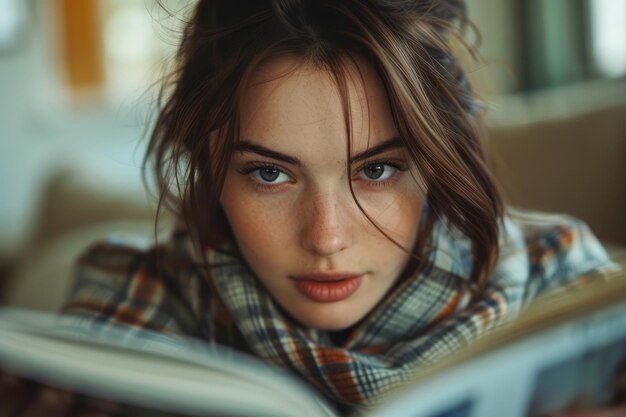 Jeune femme absorbée par la lecture d'un livre avec un foulard confortable à la maison Portrait intime en mettant l'accent sur